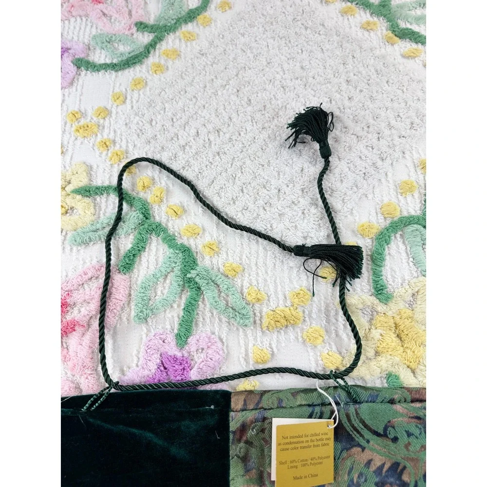 Vintage Velvet and Tapestry Wine Bottle Gift Bag Green Floral Tassel Drawstring